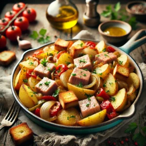 Eenpansgerecht met tonijn, aardappelschijfjes, paprika en tomaat, op smaak gebracht met Spaanse witte wijn en knapperige croutons, geserveerd in een rustieke pan op een houten tafel.