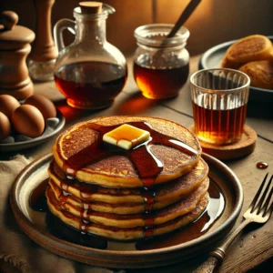 Dikke, luchtige pannenkoeken met goudbruine korst, geserveerd met stroop en een klontje boter op een rustieke schaal op een houten tafel.