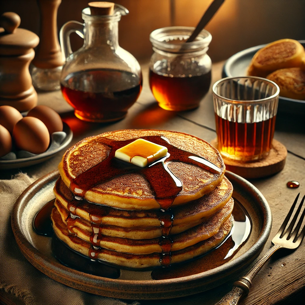 Dikke, luchtige pannenkoeken met goudbruine korst, geserveerd met stroop en een klontje boter op een rustieke schaal op een houten tafel.