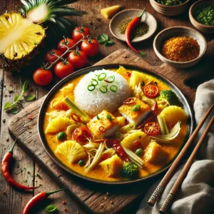 Een geurige viscurry met zachte stukjes kabeljauw in een kruidige lemongrass- en chili-currysaus. De curry is rijk gevuld met sappige ananas, tomaten en knapperige Chinese kool. Geserveerd met gestoomde rijst en gegarneerd met lente-ui en krokante gebakken uitjes. Op de achtergrond een houten snijplank met verse ananas, kruiden en een schaaltje currypasta. De warme, natuurlijke belichting benadrukt de levendige kleuren en rijke smaken van dit Aziatische gerecht.