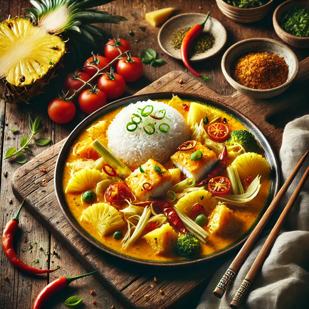 Een geurige viscurry met zachte stukjes kabeljauw in een kruidige lemongrass- en chili-currysaus. De curry is rijk gevuld met sappige ananas, tomaten en knapperige Chinese kool. Geserveerd met gestoomde rijst en gegarneerd met lente-ui en krokante gebakken uitjes. Op de achtergrond een houten snijplank met verse ananas, kruiden en een schaaltje currypasta. De warme, natuurlijke belichting benadrukt de levendige kleuren en rijke smaken van dit Aziatische gerecht.