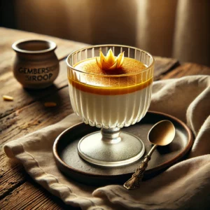 Een rustieke houten tafel met een prachtig gepresenteerd glas exotische vla-flip met gembersiroop, gegarneerd met een gouden drizzle van gembersiroop. De setting straalt een warme en uitnodigende sfeer uit.