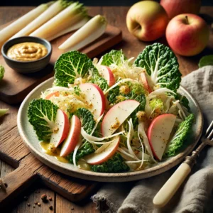 Een frisse en knapperige salade met ezelsoren, gesneden knolselderij en sappige appelblokjes, aangemaakt met een lichte mosterdmayonaise. De salade wordt geserveerd op een rustiek bord met een subtiele garnering van citroensap en zwarte peper. Naast het bord ligt een vintage vork en een linnen servet op een houten tafel. Op de achtergrond een houten snijplank met extra appelpartjes, knolselderij en een schaaltje mosterddressing. De warme, natuurlijke belichting benadrukt de frisse en romige texturen van dit bijzondere gerecht.