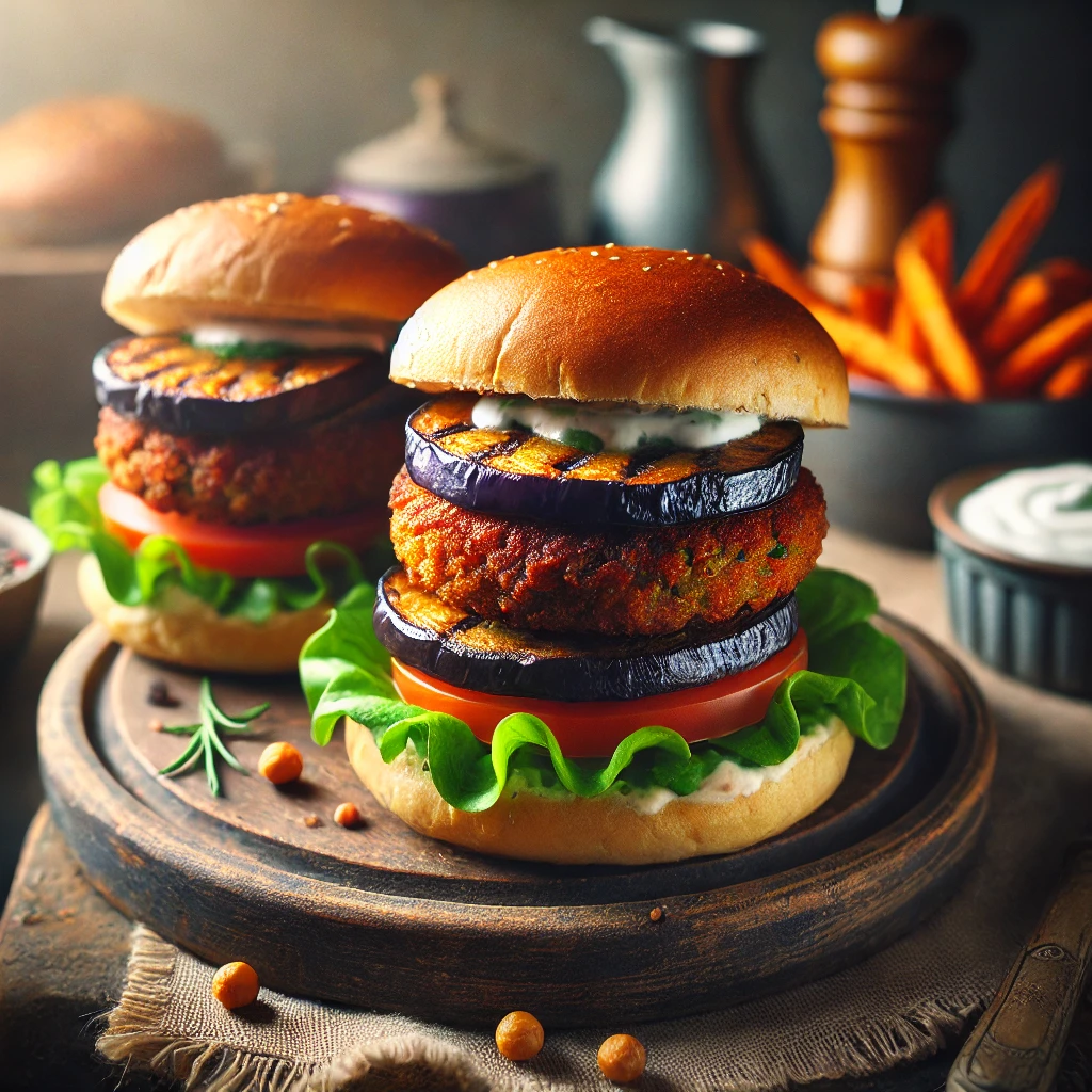 Krokante falafel aubergine burgers op een brioche broodje met verse sla, tomaat en een romige tahini-dressing, geserveerd met zoete aardappelfrietjes.