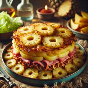 Kruidige ovenschotel met aardappelschijfjes, gehakt, paprika, banaan en ananas, afgedekt met gesmolten kaas en een krokant korstje, geserveerd met een frisse ijsbergsalade op een rustieke houten tafel.