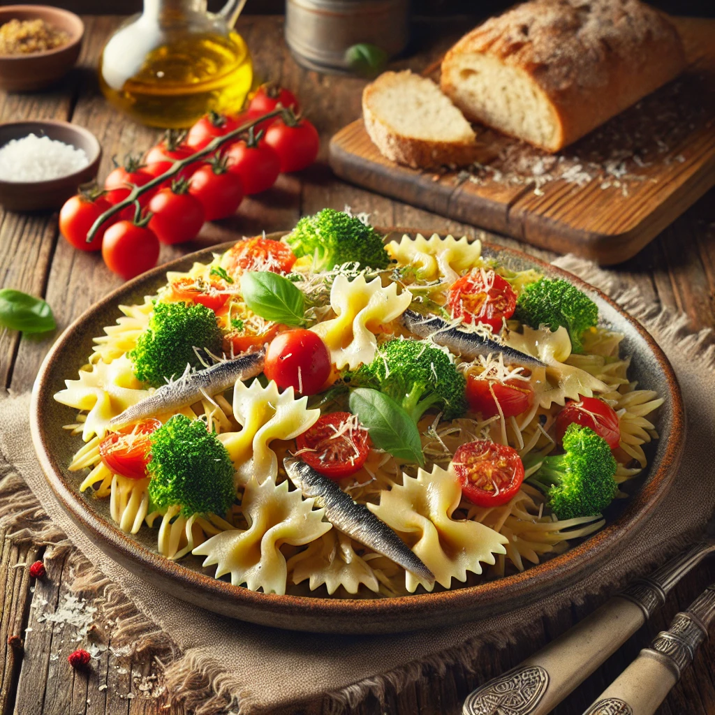 Een rustieke houten tafel met een bord farfalle pasta, gemengd met cherrytomaatjes, broccoliroosjes en ansjovisfilets. Het gerecht is gegarneerd met verse basilicum en een snufje geraspte Parmezaan. Geserveerd op een keramisch bord met een sneetje knapperig brood. De achtergrond toont een gezellige keuken met warme verlichting.
