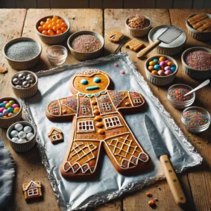 Een rustieke houten tafel met een traditionele speculaaspop in de vorm van een mensfiguur, liggend op aluminiumfolie en deels versierd met glanzend glazuur en kleurrijke toppings. Rondom de pop staan kleine schaaltjes met zilverpilletjes, minismarties, suikerparels en gekleurde glazuren. Een lepel en een paletmes liggen naast de koek. De achtergrond toont een warme feestkeuken met gezellige verlichting.