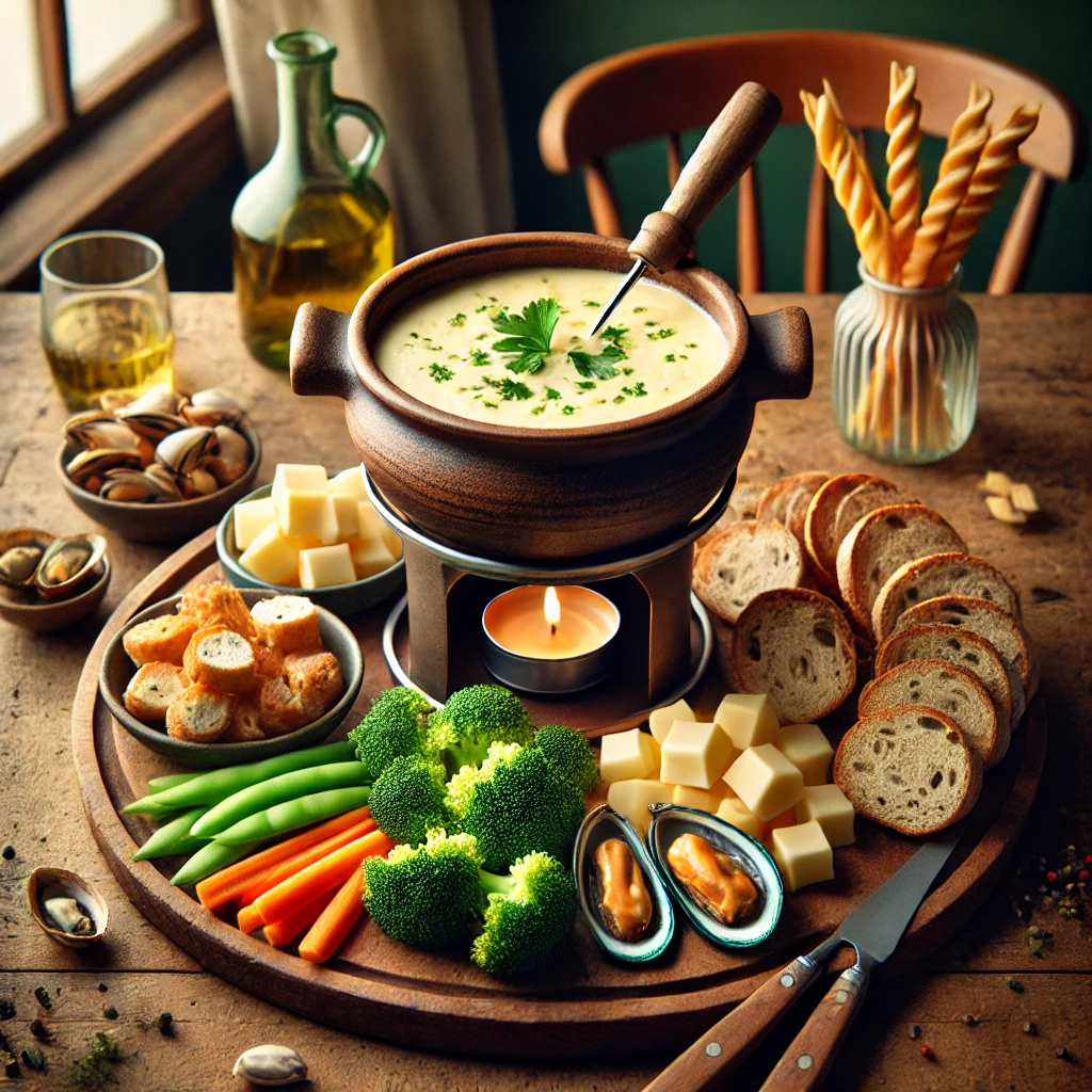 Een rustieke houten tafel met een feestelijke kaasfondue, geserveerd in een traditionele caquelon. Ernaast liggen diverse dips zoals ciabatta- en roggebroodblokjes, blanched broccoli, worteltjes, peultjes, krieltjes, tortellini, mosselen en stukjes zalmforelfilet, in een warme en uitnodigende setting.