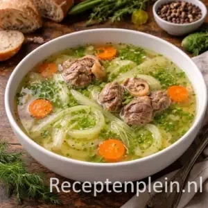Een diep bord met heldere goudgele Kalfsbouillon met venkelreepjes, gegarneerd met versgeknipte bieslook en venkelgroen.