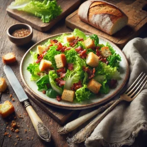 Een frisse Franse boerensalade geserveerd op een rustieke houten tafel. De salade bestaat uit knapperige eikebladsla, goudbruine croutons en uitgebakken spekjes, gemengd met een lichte vinaigrette. Naast het bord liggen een vintage vork en mes, een linnen servet en op de achtergrond een houten plank met een rustiek brood, verse sla en een schaaltje vinaigrette. De warme, natuurlijke belichting benadrukt de frisse en knapperige texturen van de salade.