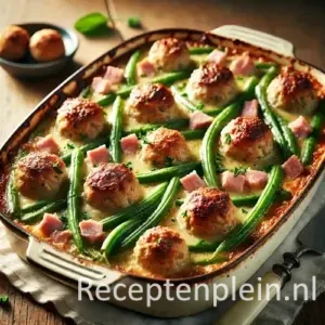 Ovenschotel met sperziebonen, gehaktballetjes en ham in romige saus, goudbruin gegratineerd op houten tafel.