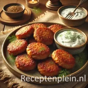 Gebakken frikandellen met romige dillesaus op rustiek bord, geserveerd op houten tafel met warme belichting.
