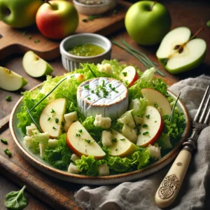 Een frisse salade met knapperige ijsbergsla, stukjes groene appel en romige plakjes camembert. De salade is aangemaakt met een lichte vinaigrette van appelazijn en citroensap en bestrooid met fijngehakte bieslook. Op de achtergrond liggen extra camembert, verse appels en een kommetje vinaigrette op een houten snijplank. De warme, natuurlijke belichting benadrukt de frisse en romige texturen van dit lichte en smaakvolle gerecht.