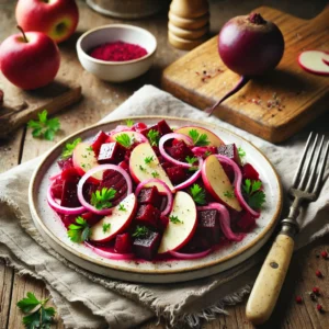 Een kleurrijk bord met frisse bietensalade, gemaakt van fijngesneden rode biet, knapperige appelblokjes en dunne ui, licht gemengd met een romige dressing. De salade is gegarneerd met verse peterselie en een vleugje zwarte peper. Naast het bord ligt een vintage vork en een linnen servet op een rustieke houten tafel. Op de achtergrond staat een houten snijplank met een hele biet, een gesneden appel en een klein schaaltje dressing. De warme, natuurlijke belichting benadrukt de frisse en levendige kleuren van het gerecht.