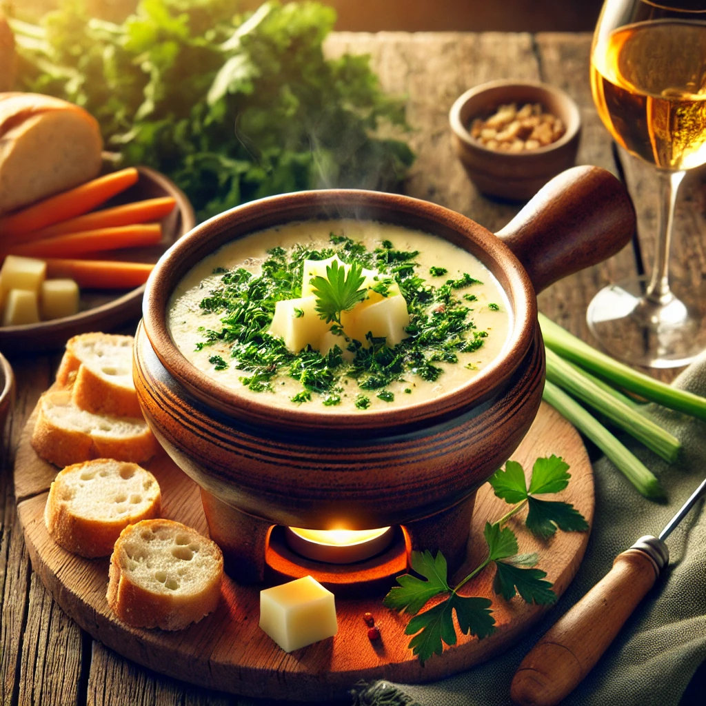 Een rustieke houten tafel met een Zwitserse kaasfondue, verrijkt met groene kruiden en een scheutje cognac. De fondue wordt geserveerd in een traditionele aardewerken pot, omringd door rustiek brood, verse groenten en een glas witte wijn.