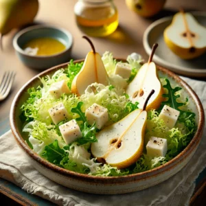 Een frisse peer-kaassalade geserveerd in een rustieke keramische kom, met frisée sla, sappige peerplakjes, en blokjes jonge kaas, licht besprenkeld met vinaigrette en zwarte peper. Op de achtergrond een houten tafel met een linnen servet, een glaasje dressing en enkele hele peren.