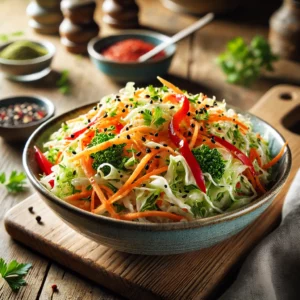 Knapperige rauwkostsalade met fijngesneden kool, wortel en paprika, licht besprenkeld met zoetzure dressing en gegarneerd met zwarte sesamzaadjes en verse peterselie, geserveerd op een rustieke houten tafel.
