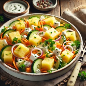 Een kleurrijke salade met sappige stukjes ananas, dobbelsteentjes belegen kaas, dun gesneden worteltjes en knapperige komkommerblokjes, geserveerd in een witte keramische kom. Kleine zilveruitjes voegen een frisse, pittige touch toe, terwijl een lichte yoghurtdressing met citroensap en suiker de ingrediënten samenbrengt. De salade is gegarneerd met fijngehakte peterselie. Op de rustieke houten tafel liggen een linnen servet, een vintage vork en een klein schaaltje met extra dressing. Zachte natuurlijke verlichting benadrukt de levendige kleuren en frisse texturen van het gerecht.