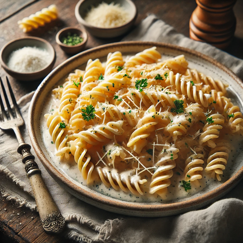 Een bord fusilli pasta, royaal omhuld met een romige gorgonzolasaus. De saus kleeft perfect aan de pastaspiralen en is afgemaakt met versgeraspte Parmezaanse kaas en fijngehakte peterselie. Het gerecht wordt geserveerd op een rustieke keramische schaal, met een vintage vork ernaast. Op de houten tafel liggen een linnen servet en een klein schaaltje extra Parmezaanse kaas. Zachte natuurlijke verlichting benadrukt de romige textuur en warme tinten van het gerecht.