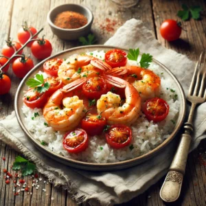 Een bord met perfect gegaarde garnalen en sappige tomaten, geserveerd op een bedje van luchtige witte rijst. De garnalen hebben een goudbruine glans en zijn bestrooid met paprikapoeder voor extra smaak. Verse peterselie zorgt voor een kleurrijke finishing touch. De rustieke houten tafel is gedekt met een linnen servet, een vintage vork en een klein schaaltje extra kruiden. Zachte natuurlijke verlichting benadrukt de warme tinten en verse texturen van het gerecht.