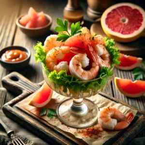 Een elegante garnalencocktail geserveerd in een chic glas, gevuld met roze garnalen, sappige grapefruitpartjes en een romige cocktailsaus. De rand van het glas is licht bestoven met paprikapoeder voor een verfijnde afwerking. Het gerecht is gegarneerd met een takje verse peterselie. Op de achtergrond ligt een houten snijplank met extra garnalen, een halve grapefruit en een schaaltje cocktailsaus. De warme, natuurlijke belichting benadrukt de frisse kleuren en verfijnde texturen van dit klassieke voorgerecht.