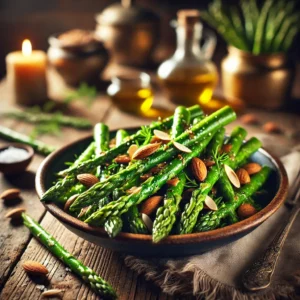 Asperges met Bosui en Amandel Crunch on a rustic wooden table.