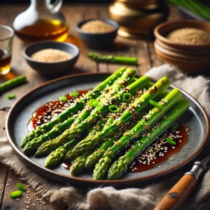 Groene asperges gebakken in een smaakvolle sojasaus, bestrooid met geroosterde sesamzaadjes en lente-ui, geserveerd op een rustieke houten tafel.