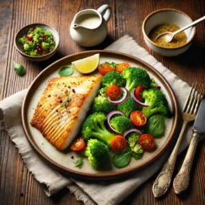 Een rustieke houten tafel met een vers bereid gerecht van goudbruin gebakken tilapia, geserveerd met een frisse broccolisalade met cherrytomaten en rode ui. Het geheel is gepresenteerd op een elegant keramisch bord, met een vork en mes ernaast en een klein schaaltje dressing als finishing touch.