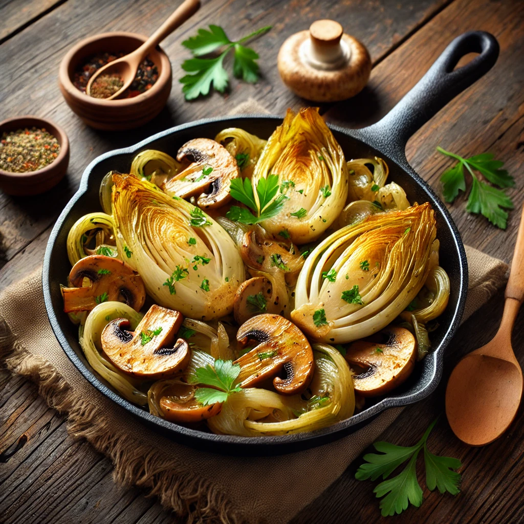 Een rustieke houten tafel met een vers bereide roerbakschotel van gebakken witlof en champignons in een gietijzeren pan, goudbruin gekarameliseerd en gegarneerd met verse peterselie. Een houten lepel ligt ernaast, samen met een klein schaaltje kruiden.