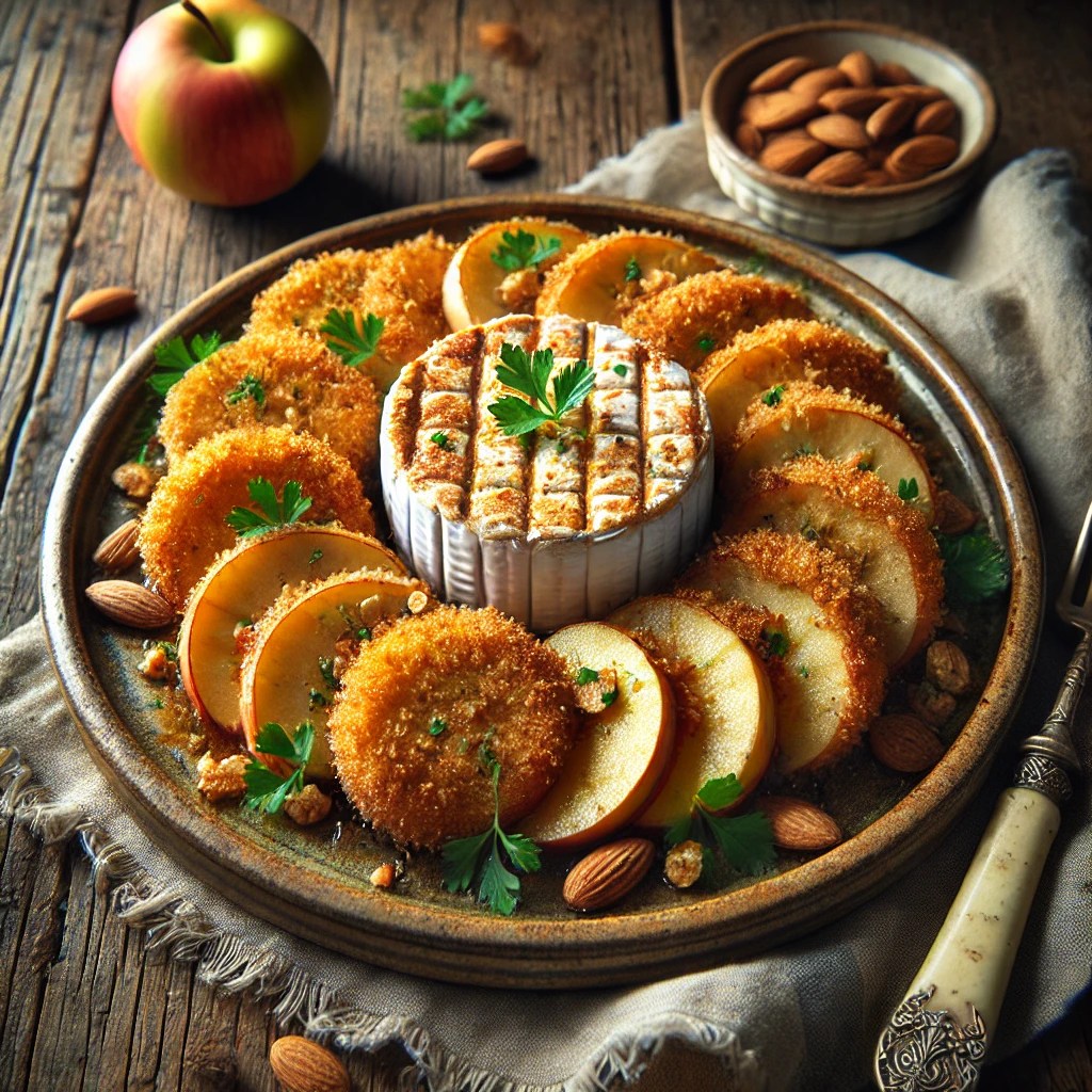 Een smaakvol gerecht met licht gekarameliseerde appelringen, belegd met knapperig gepaneerde brie met een smeuïge kern. Het geheel is gegarneerd met fijngesneden peterselie en geserveerd met geroosterde amandelen. De rustieke houten tafel is aangekleed met een linnen servet, een vintage vork en een klein schaaltje extra paneermeel. Zachte natuurlijke verlichting benadrukt de warme tinten en rijke texturen van het gerecht.