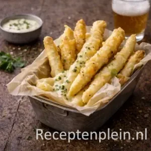 Gefrituurde asperges in bierbeslag op rustieke houten tafel