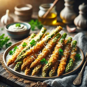 Krokant gefrituurde asperges, bestrooid met vers geraspte Parmezaanse kaas en gegarneerd met peterselie, geserveerd met knoflook-aioli op een rustieke houten tafel.