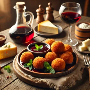 Een rustieke houten tafel met krokante, goudbruine gefrituurde geitenkaasballetjes, geserveerd met een rijke rode portsaus op kleine keramische bordjes. Ernaast liggen verse muntblaadjes, een glas rode port, een schaaltje bloem en een stuk geitenkaas.
