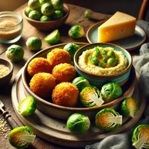 Een rustieke houten tafel met krokante, goudbruine gefrituurde kaas-griesballetjes, geserveerd met een romige spruitjespuree op een keramisch bord. Ernaast liggen verse spruitjes, een stuk oude kaas en een schaaltje paneermeel.