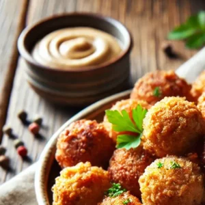 Krokant goudbruin gefrituurde gehaktballetjes in een luchtig bierbeslag. Geserveerd op een keramisch bord met een schaaltje dipsaus en afgewerkt met verse peterselie, op een rustieke houten tafel met linnen servet ernaast in warm natuurlijk licht.