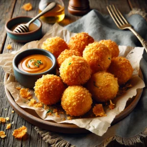 Een bord met goudbruine, knapperige gefrituurde kaasballetjes met een kruidige kerriesmaak, geserveerd op bakpapier. De balletjes hebben een krokante korst van fijngemalen cornflakes en zijn gegarneerd met fijngehakte kruiden. Naast de kaasballetjes staat een klein schaaltje dipsaus. De rustieke houten tafel is aangekleed met een linnen servet en een vintage serveervork. Zachte natuurlijke verlichting benadrukt de warme tinten en knapperige textuur van de kaasballetjes.