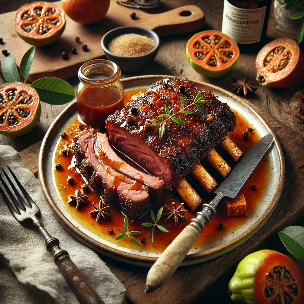 Een feestelijk bord met geglaceerde Bourgondische rib, langzaam gegaard met kruidnagel en basterdsuiker tot een goudbruine, gekarameliseerde korst. De malse rib is overgoten met een rijke, exotische guavesaus en gegarneerd met verse kruiden. Naast het bord liggen een vintage vork en mes, samen met een linnen servet. Op de achtergrond staat een houten snijplank met verse guaves, een fles rode wijn en een schaaltje basterdsuiker. De warme, sfeervolle belichting benadrukt de diepe smaken en luxe uitstraling van dit gerecht, perfect voor een feestelijke gelegenheid.