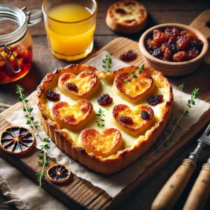 Een rustieke houten tafel met een prachtig opgemaakt bord met gegratineerde broodhartjes, belegd met gesmolten geitenkaas en zoete rozijnen. De broodhartjes zijn goudbruin en knapperig, met een vleugje tijm en een druppeltje sinaasappelsap, perfect voor een gezellige Valentijnsdagtraktatie.