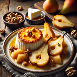 Een rustieke houten tafel met gegratineerde geitenkaasjes, geserveerd met zacht gestoofde peren in een witte wijnsaus en een zoete notensaus. Ernaast liggen verse peren, een stuk geitenkaas en een schaaltje gehakte noten.