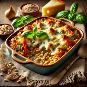 Een rustieke houten tafel met een gegratineerde groenteschotel in een keramische ovenschaal, gevuld met tarwekorrels, paprika, ui en gesmolten gorgonzola met een goudbruine korst. Ernaast liggen verse basilicumblaadjes, een stukje gorgonzola en een houten lepel.