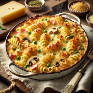 Een romige macaronischotel met spirali pasta, gemengd met ham, champignons en erwten, overgoten met een rijke kaassaus en gegratineerd met een krokante laag oude Goudse kaas en broodkruim. De schotel is geserveerd in een rustieke ovenschaal en heeft een goudbruin, knapperig korstje. Naast de schaal ligt een vintage opscheplepel en een linnen servet op een houten tafel. Op de achtergrond een houten snijplank met extra kaas, een brood en verse kruiden. De warme, natuurlijke belichting benadrukt de hartige smaken en smeuïge texturen van dit klassieke ovengerecht.