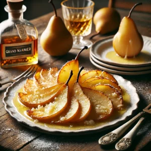 Een rustieke houten tafel met een prachtig gepresenteerd dessert van gegratineerde peerwaaiers met Magor kaas, gedruppeld met Grand Marnier en licht gekarameliseerd onder de grill. De peren liggen elegant uitgespreid op witte borden met een vleugje poedersuiker, wat het gerecht een verfijnde Franse uitstraling geeft.