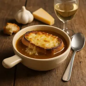 Een realistische foto van een kom dampende gegratineerde soep met een goudbruine laag gesmolten kaas, knapperige broodrandjes, en een lepel en glas witte wijn ernaast op een rustieke houten tafel met natuurlijke belichting.