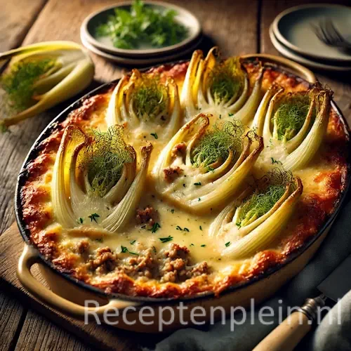 Ovenschotel met venkel, gehakt en gesmolten kaas, goudbruin gegratineerd en gegarneerd met venkelgroen op houten tafel.
