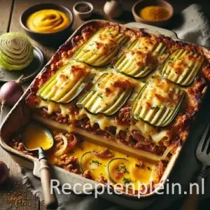 Ovenschotel met koolrabi, gehakt, paprika en champignons, bedekt met romige kaassaus en goudbruine korst.
