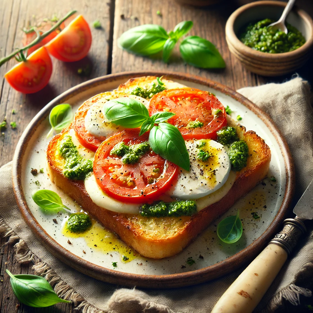 Een knapperige, goudbruine toast belegd met gesmolten mozzarella, verse tomatenblokjes en een rijke, groene pesto. De kaas is licht gegratineerd en borrelt zachtjes, terwijl een vleugje versgemalen zwarte peper de smaken versterkt. De toast wordt geserveerd op een rustieke houten tafel, met een linnen servet, een vintage mes en een klein schaaltje extra pesto. Zachte natuurlijke verlichting benadrukt de warme tinten en rijke texturen van het gerecht.