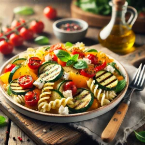 Kleurvolle pastasalade met gegrilde courgette, paprika en cherrytomaten, geserveerd met feta, verse basilicum en balsamico op een rustieke houten tafel.