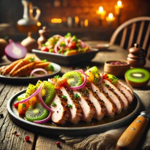 Een rustieke houten tafel met een bord perfect gegrilde kalkoenplakken, gegarneerd met een frisse kiwisalsa van blokjes kiwi, rode ui en verse kruiden. Het gerecht wordt geserveerd met een bijgerecht van geroosterde groenten. De achtergrond toont een gezellige keuken met warme verlichting.