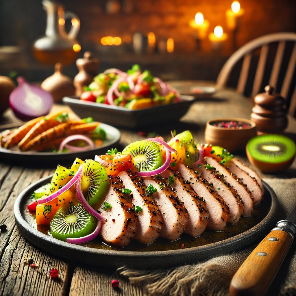 Een rustieke houten tafel met een bord perfect gegrilde kalkoenplakken, gegarneerd met een frisse kiwisalsa van blokjes kiwi, rode ui en verse kruiden. Het gerecht wordt geserveerd met een bijgerecht van geroosterde groenten. De achtergrond toont een gezellige keuken met warme verlichting.