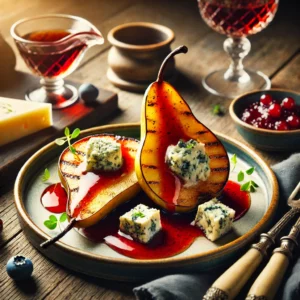 Een rustieke houten tafel met een elegant gerecht van gegrilde peren, belegd met gesmolten blauwe kaas en overgoten met een rijke rode portsaus. Ernaast liggen een stuk blauwe kaas, een glas port en een schaaltje rode bessengelei.